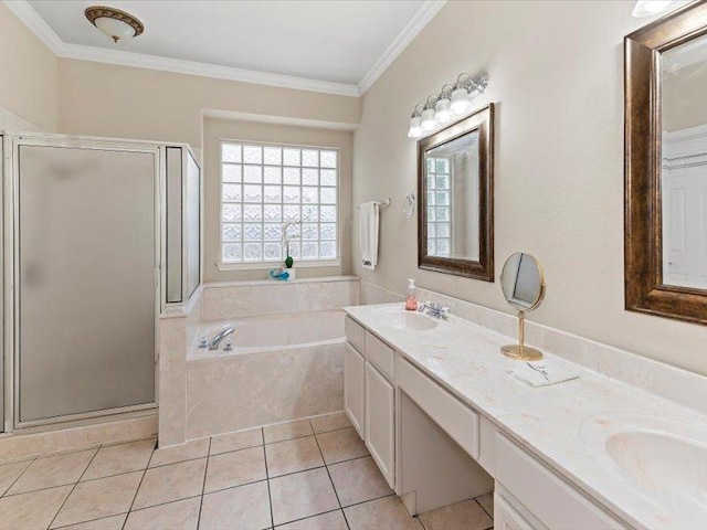 906 Woodhollow Ln, Cedar Park, TX 78613 - bathroom featuring a sink, a bath, a stall shower, and ornamental molding