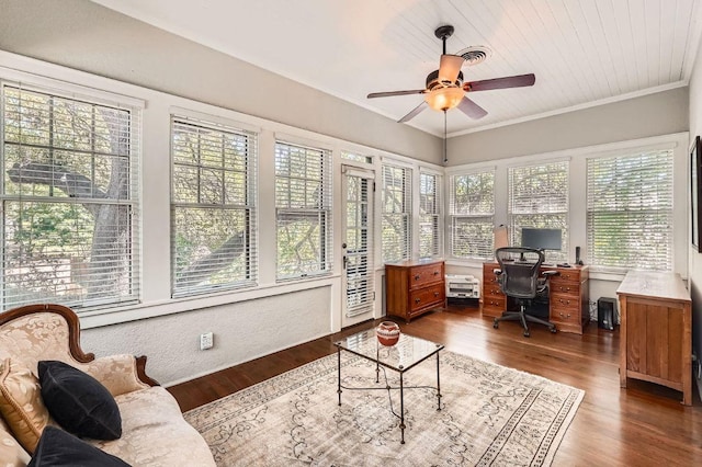 809 Edgecliff Ter, Austin, TX 78704 - home office with a ceiling fan, wood finished floors, and ornamental molding