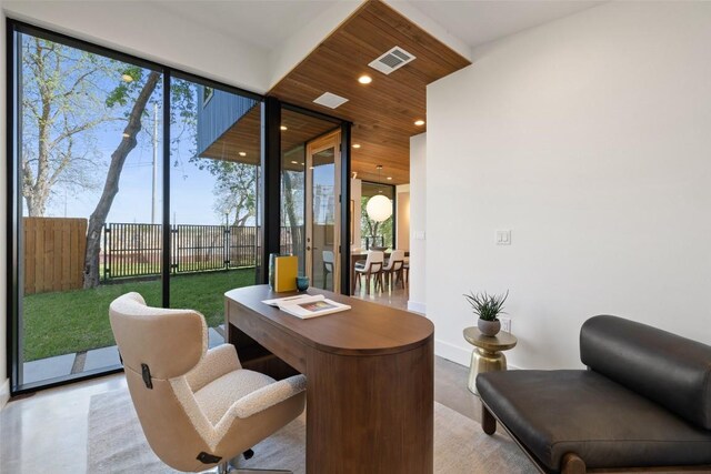 2218 Haskell St, Austin, TX 78702 - office area with recessed lighting, wood ceiling, and baseboards