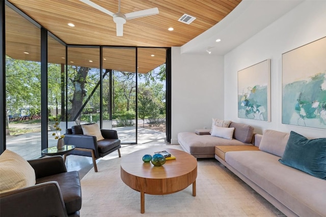 2218 Haskell St, Austin, TX 78702 - living area with expansive windows, wooden ceiling, recessed lighting, and a ceiling fan