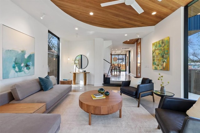 2218 Haskell St, Austin, TX 78702 - living area with wood ceiling, recessed lighting, and ceiling fan