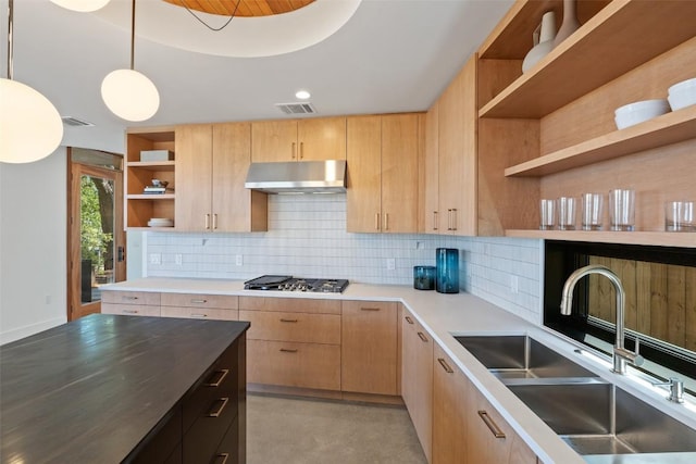 2218 Haskell St, Austin, TX 78702 - kitchen with open shelves, a sink, under cabinet range hood, stainless steel gas stovetop, and light brown cabinets