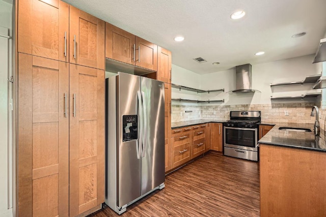 2700 Coatbridge Dr, Austin, TX 78745 - kitchen with wall chimney exhaust hood, a sink, open shelves, and stainless steel appliances