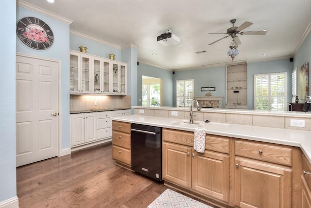 204 Whippoorwill Cv, Georgetown, TX 78633 - kitchen featuring a sink, dishwasher, wood finished floors, ceiling fan, and glass insert cabinets