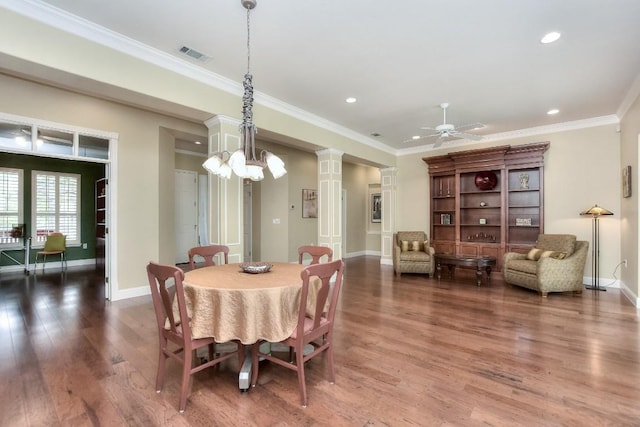 204 Whippoorwill Cv, Georgetown, TX 78633 - dining room featuring baseboards, recessed lighting, wood finished floors, ceiling fan, and ornate columns