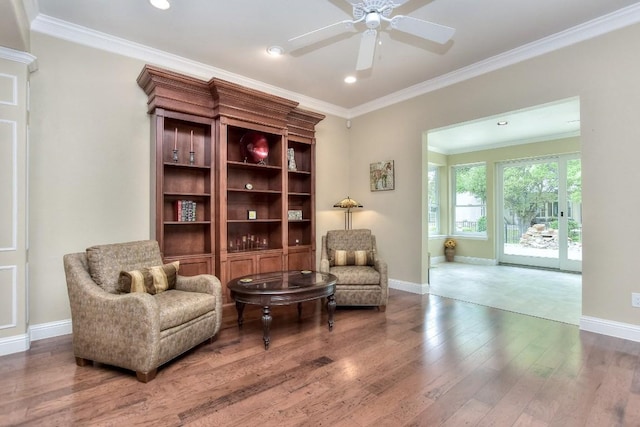 204 Whippoorwill Cv, Georgetown, TX 78633 - sitting room with hardwood / wood-style flooring, ceiling fan, baseboards, ornamental molding, and recessed lighting
