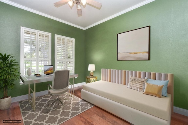 204 Whippoorwill Cv, Georgetown, TX 78633 - office space with wood finished floors, crown molding, baseboards, and ceiling fan