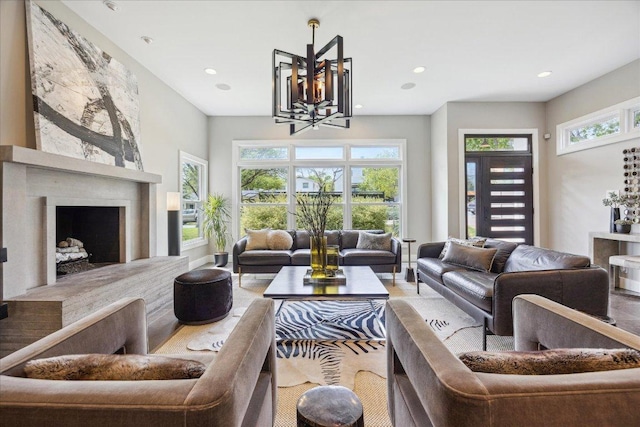 2304 Mccullough St, Austin, TX 78703 - living area featuring recessed lighting, a chandelier, and a large fireplace