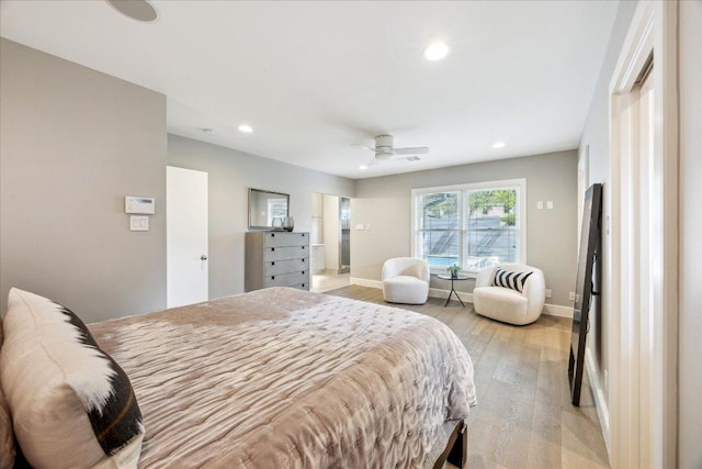 2304 Mccullough St, Austin, TX 78703 - bedroom with light wood-style floors, recessed lighting, a ceiling fan, and baseboards