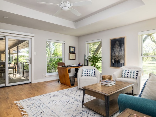 6022 Tonkowa Trl, Georgetown, TX 78628 - living area featuring hardwood / wood-style floors, ceiling fan, a raised ceiling, and an office area
