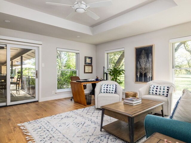 6022 Tonkowa Trl, Georgetown, TX 78628 - living room featuring wood-type flooring, a ceiling fan, a tray ceiling, and a desk