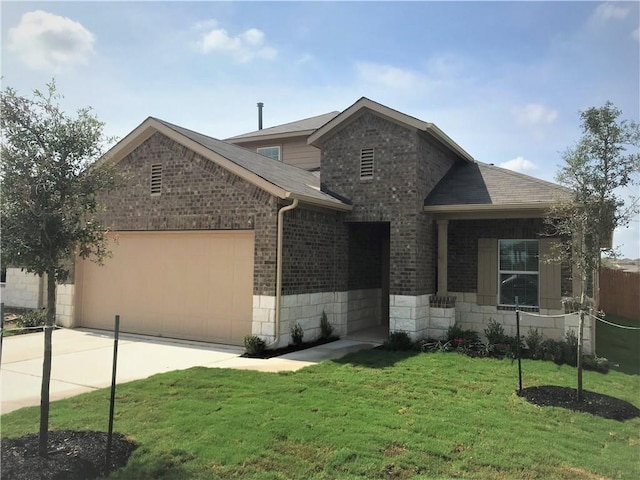 3409 Brywood Dr, Pflugerville, TX 78660 - view of front facade with a garage, brick siding, a front lawn, driveway, and roof with shingles