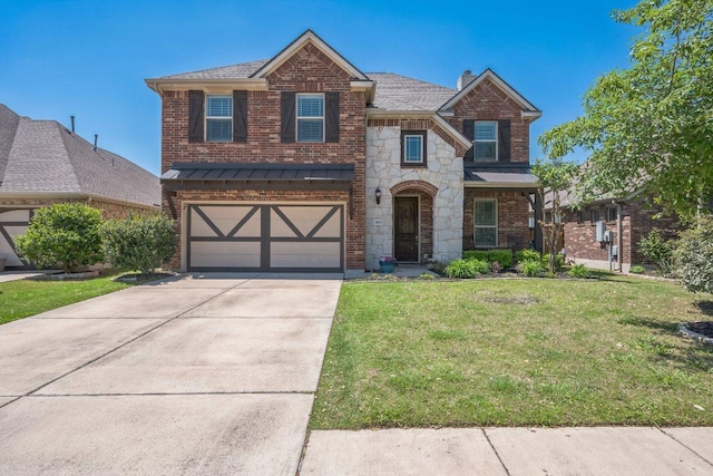 3505 Grail Hollows Rd, Pflugerville, TX 78660 - view of front of home with a garage, concrete driveway, stone siding, a front lawn, and a chimney