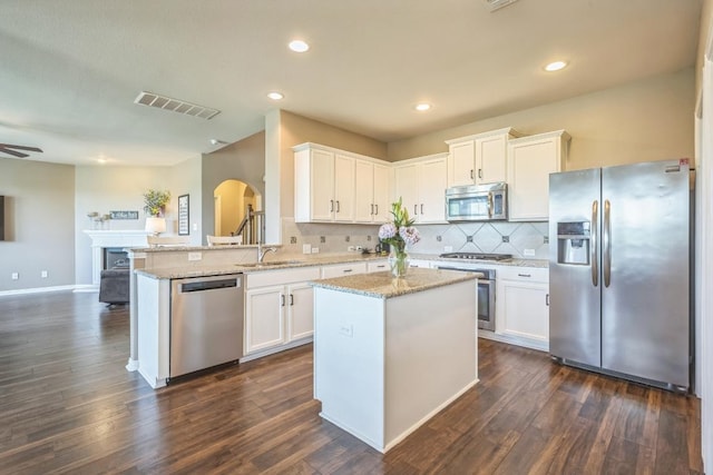 3505 Grail Hollows Rd, Pflugerville, TX 78660 - kitchen featuring stainless steel appliances, a sink, arched walkways, white cabinetry, and a peninsula