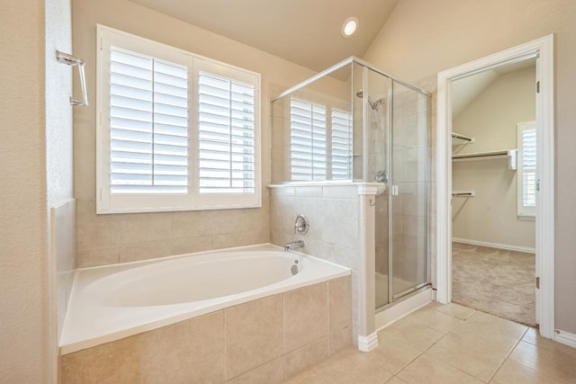 3505 Grail Hollows Rd, Pflugerville, TX 78660 - bathroom featuring a bath, a stall shower, tile patterned floors, a spacious closet, and recessed lighting