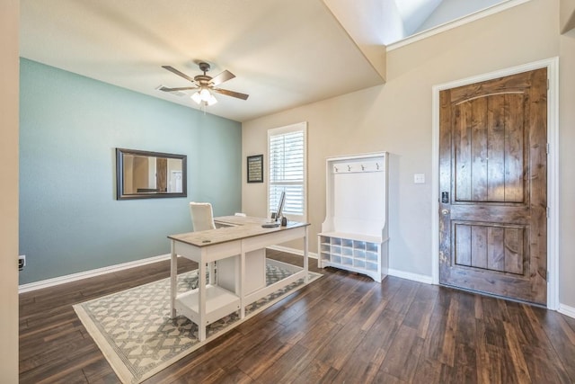 3505 Grail Hollows Rd, Pflugerville, TX 78660 - office with a ceiling fan, wood finished floors, and baseboards