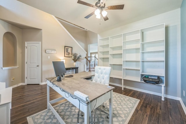 3505 Grail Hollows Rd, Pflugerville, TX 78660 - office with ceiling fan, baseboards, and wood finished floors