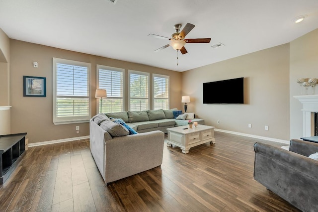 3505 Grail Hollows Rd, Pflugerville, TX 78660 - living area with ceiling fan, plenty of natural light, dark wood-style floors, and baseboards