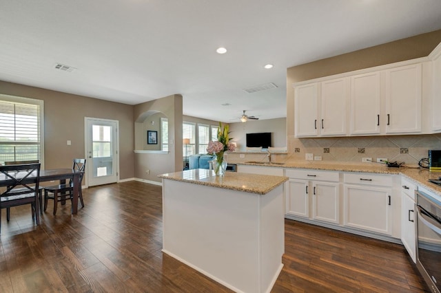 3505 Grail Hollows Rd, Pflugerville, TX 78660 - kitchen with dark wood-style floors, oven, open floor plan, a center island, and recessed lighting
