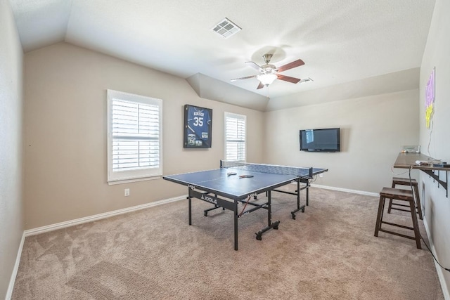 3505 Grail Hollows Rd, Pflugerville, TX 78660 - rec room with a ceiling fan, carpet flooring, lofted ceiling, and baseboards