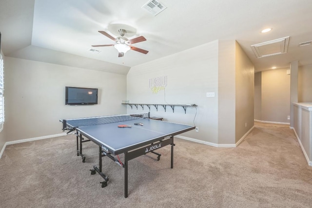 3505 Grail Hollows Rd, Pflugerville, TX 78660 - rec room with attic access, carpet, a ceiling fan, baseboards, and lofted ceiling