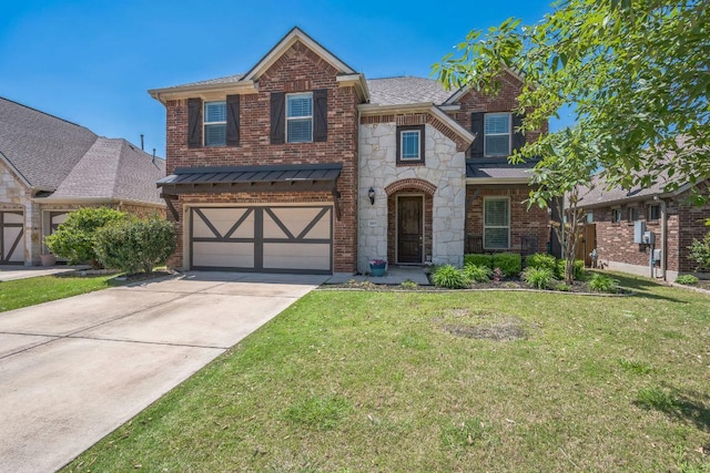 3505 Grail Hollows Rd, Pflugerville, TX 78660 - view of front facade with stone siding, driveway, a garage, a front lawn, and a standing seam roof