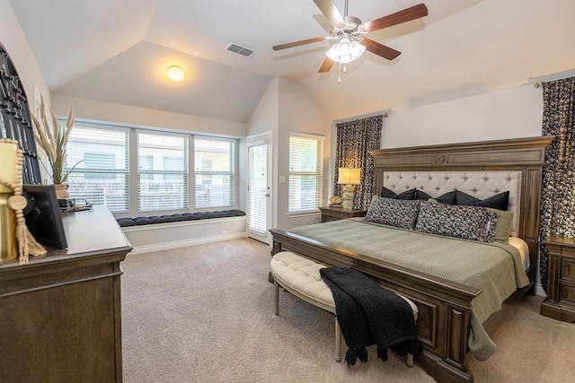 702 Silo St, San Marcos, TX 78666 - carpeted bedroom featuring vaulted ceiling, multiple windows, access to outside, and ceiling fan