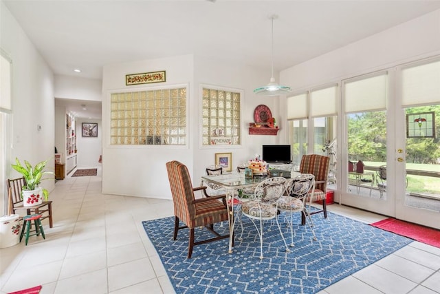 901 Blaylock Dr, Salado, TX 76571 - tiled dining space with french doors, recessed lighting, and ceiling fan