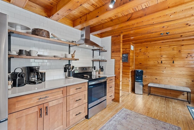 210 Circle Rd, Marble Falls, TX 78657 - kitchen with stainless steel range with electric cooktop, wall chimney range hood, open shelves, wooden ceiling with exposed beams, and light wood-style floors