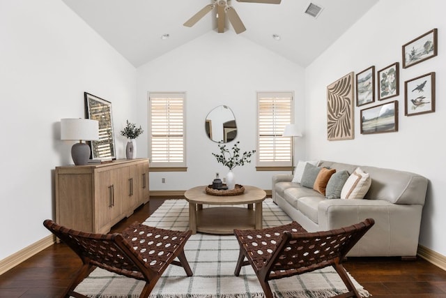 219 Jack Nicklaus Dr, Austin, TX 78738 - living room featuring wood-type flooring, a ceiling fan, healthy amount of natural light, and high vaulted ceiling