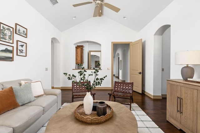 219 Jack Nicklaus Dr, Austin, TX 78738 - living area featuring arched walkways, lofted ceiling, ceiling fan, and dark wood-type flooring
