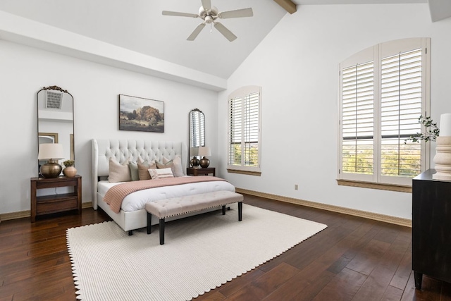 219 Jack Nicklaus Dr, Austin, TX 78738 - bedroom featuring beam ceiling, dark wood-type flooring, high vaulted ceiling, and a ceiling fan