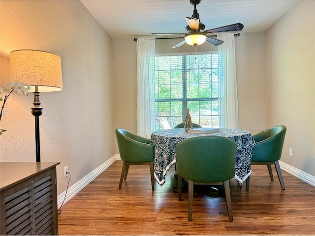 2201 Ezra Ct, Cedar Park, TX 78613 - dining room with wood finished floors, baseboards, and a ceiling fan