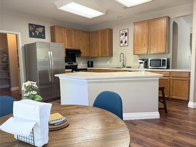 2201 Ezra Ct, Cedar Park, TX 78613 - kitchen with stainless steel appliances, a sink, under cabinet range hood, a kitchen island, and light countertops