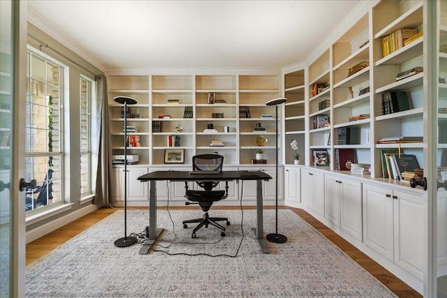 home office featuring crown molding, healthy amount of natural light, and wood finished floors