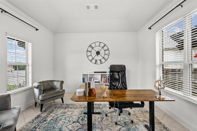 174 Challis Ct, Austin, TX 78737 - home office featuring light tile patterned floors, a raised ceiling, ornamental molding, baseboards, and vaulted ceiling