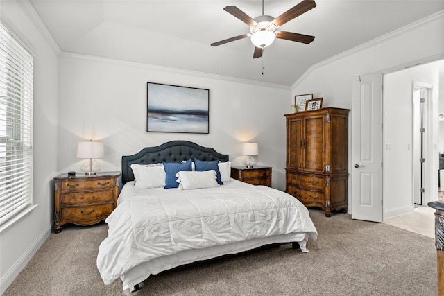 174 Challis Ct, Austin, TX 78737 - bedroom featuring light colored carpet, multiple windows, lofted ceiling, baseboards, and crown molding
