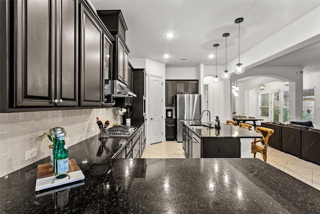 174 Challis Ct, Austin, TX 78737 - kitchen featuring arched walkways, appliances with stainless steel finishes, a sink, open floor plan, and under cabinet range hood