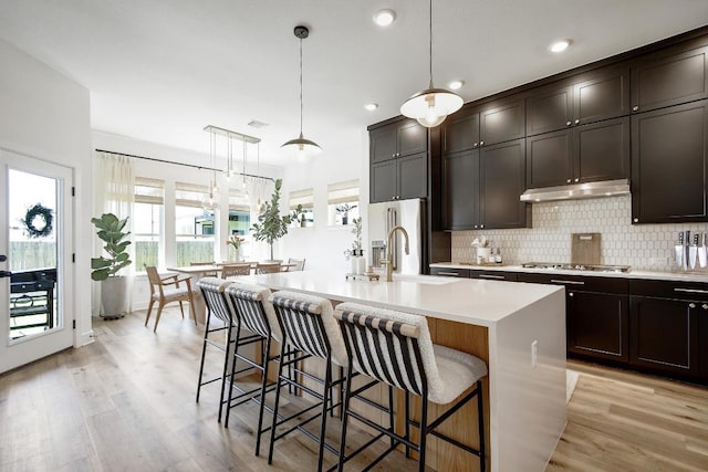 653 Texas Sage Loop, Buda, TX 78610 - kitchen featuring under cabinet range hood, light wood-style floors, tasteful backsplash, light countertops, and recessed lighting