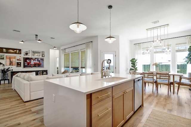 653 Texas Sage Loop, Buda, TX 78610 - kitchen featuring a sink, dishwasher, light wood-style flooring, light countertops, and open floor plan