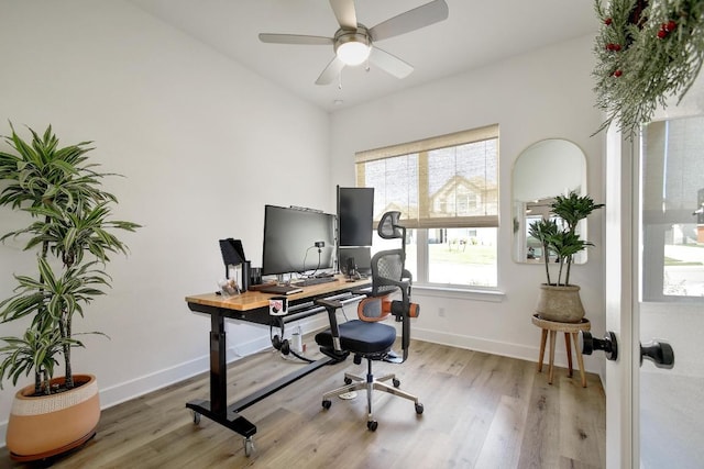 653 Texas Sage Loop, Buda, TX 78610 - office area with wood finished floors, a ceiling fan, and baseboards