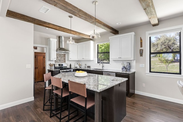 18105 Austin Blvd, Lago Vista, TX 78645 - kitchen featuring wall chimney range hood, stainless steel appliances, dark wood-type flooring, tasteful backsplash, and beam ceiling