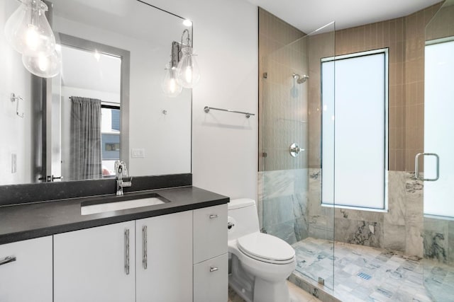 bathroom with vanity, a stall shower, and toilet