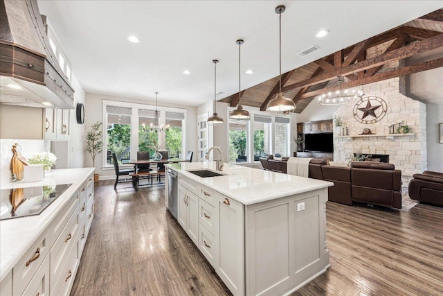 3204 Whitt Creek Trl, Leander, TX 78641 - kitchen featuring a sink, black electric cooktop, a stone fireplace, stainless steel dishwasher, and light countertops
