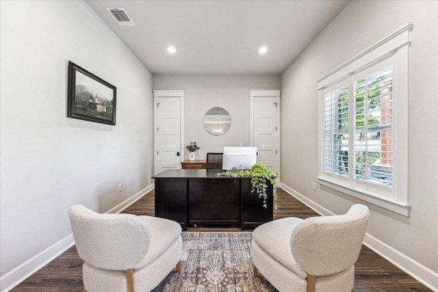 3204 Whitt Creek Trl, Leander, TX 78641 - office featuring baseboards, dark wood-style floors, and recessed lighting