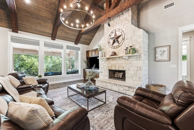 3204 Whitt Creek Trl, Leander, TX 78641 - living area with wood ceiling with exposed beams, high vaulted ceiling, a chandelier, wood finished floors, and a stone fireplace