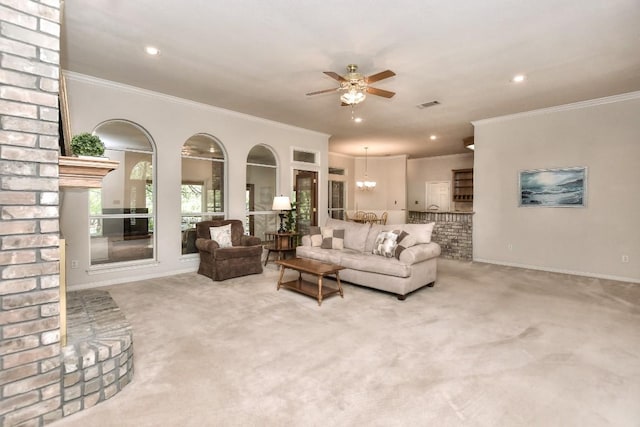 200 Nicole Way, Georgetown, TX 78633 - living room featuring carpet floors, ceiling fan, crown molding, recessed lighting, and baseboards