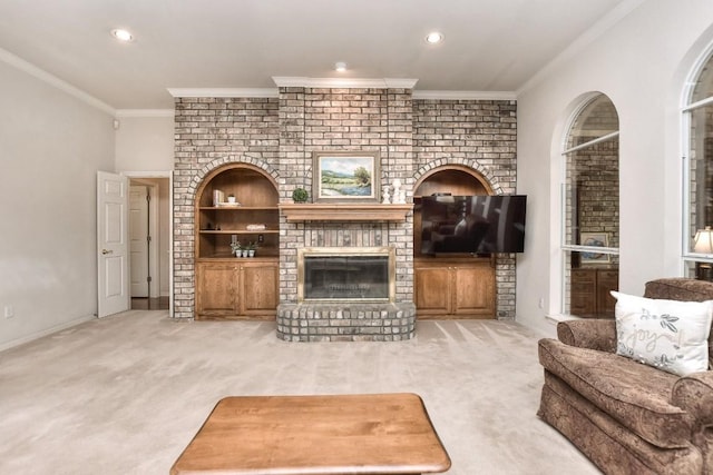 200 Nicole Way, Georgetown, TX 78633 - carpeted living room with ornamental molding, a fireplace, recessed lighting, and baseboards