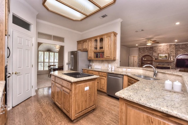 200 Nicole Way, Georgetown, TX 78633 - kitchen featuring stainless steel appliances, ceiling fan, a sink, light stone counters, and ornamental molding