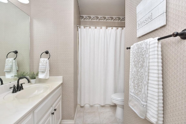 200 Nicole Way, Georgetown, TX 78633 - bathroom featuring vanity, toilet, tile patterned floors, and curtained shower